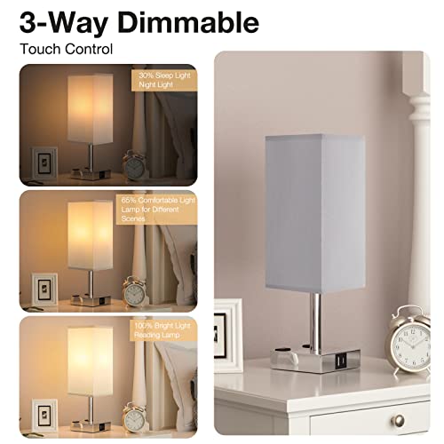 Touch Bedside Table Lamp for Bedroom - Dimmable, USB C+A, 2 AC Outlets | 3-Way Dimming, 3000K Bulb Included, Square Grey Lampshade and Silver Base, Desk Lamp for Nightstand, Living Room, Dorm - color: Gray & Silver, size: 14.0in