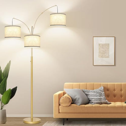 Dimmable Floor Lamp, 3 Lights Gold Arc Floor Lamp, Modern Tall Standing Tree Lamp with White Linen Shades & Heavy Base, 3000LM LED Bulbs, Bright Lighting for Living Room, Bedroom, Office & Reading - color: Gold-White Shade