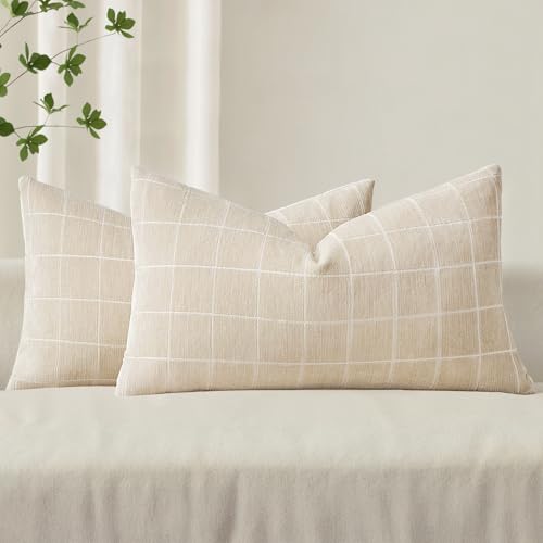 MIULEE Beige Plaid Decorative Lumbar Throw Pillow Covers 12x20 Set of 2 | Vintage, Check Chenille Couch Pillows, Neutral Boho Farmhouse Cushion Covers, Modern Home Decor for Sofa Bed Living Room - color: Beige, size: 20" x 12" (Pack of 2)