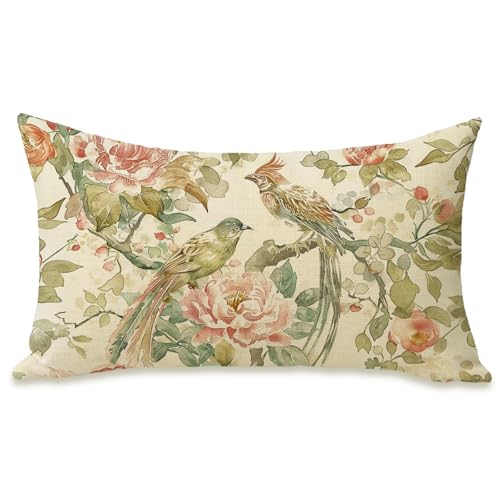 Fahrendom Vintage Floral Bird Lumbar Decorative Rectangle Pillow Cover | 12 x 20, Chinoiserie Peony Flower Porch Outdoor Pillowcase, Spring Summer Botanical Sofa Couch Cushion Case Home Decor - color: Vintage Bird Flower, size: 20" x 12" (Pack of 1)