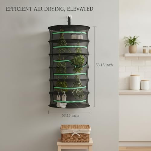 Collapsible Hanging Dryer with Zippered Mesh Layers, Space-Saving Foldable Air Drying Rack for Kitchen, Balcony, and Laundry (Black) - size: 12.99 x 12.99 x 53.15 in