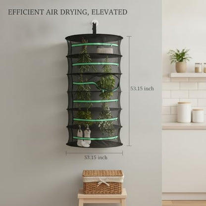 Collapsible Hanging Dryer with Zippered Mesh Layers, Space-Saving Foldable Air Drying Rack for Kitchen, Balcony, and Laundry (Black) - size: 12.99 x 12.99 x 53.15 in
