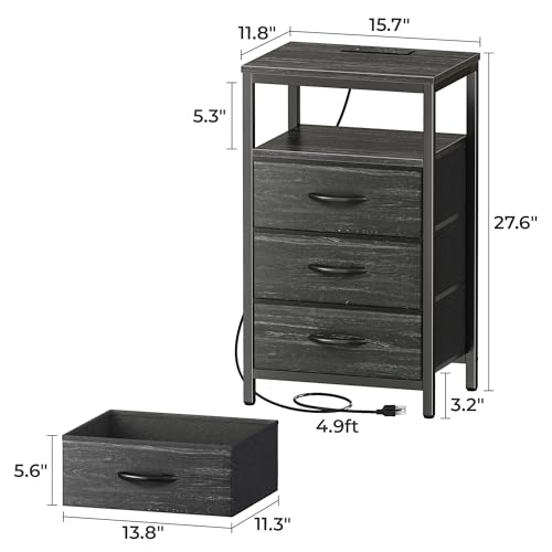 Huuger Nightstand with Charging Station, 27.6 Inch Bedside Table,Side Table | Night Stand with Fabric Drawers, End Table, Night Stand with Charger Station, Charcoal Black Wood Grain Print - color: Charcoal Black Wood Grain Print, size: 11.8"D x 15.7"W x 2