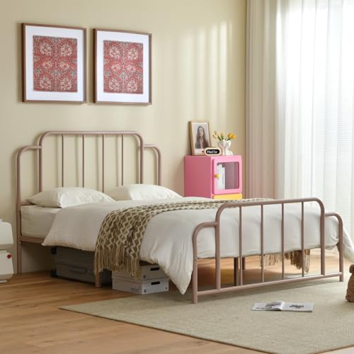 PINJU Metal Platform Bed Frame with Headboard and Footboard, Classic Style, Sturdy Metal Slats, No Box Spring Needed, Easy Installation (Pink, Full) - color: Pink, size: Full
