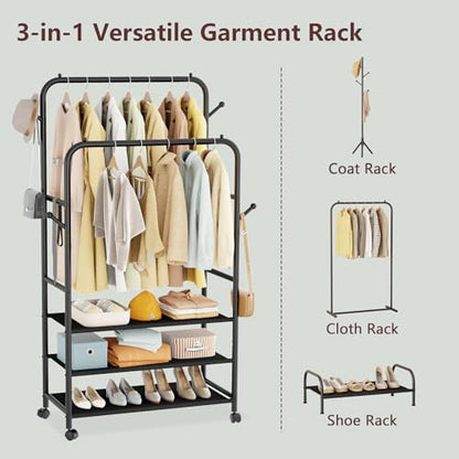Furologee Clothes Racks for Hanging Clothes, Double Rods Clothing Rack with 3-Tier Storage Shelves, Rolling Garment Wardrobe with Wheels, Portable Free Standing Closet for Bedroom, Laundry Room, Black