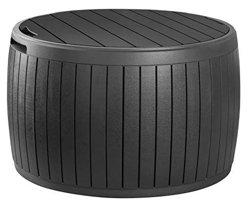 Keter Circa 37 Gallon Wood Panel Style Round Outdoor Deck Box and Storage Table, Grey - color: Grey