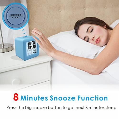 Plumeet Digital Alarm Clock Kids Clock with Snooze and White Nightlight - Easy Setting Travel Alarm Clocks Display Time, Date, Alarm - Ascending Sound - Battery Powered (Baby Blue) - color: Baby Blue