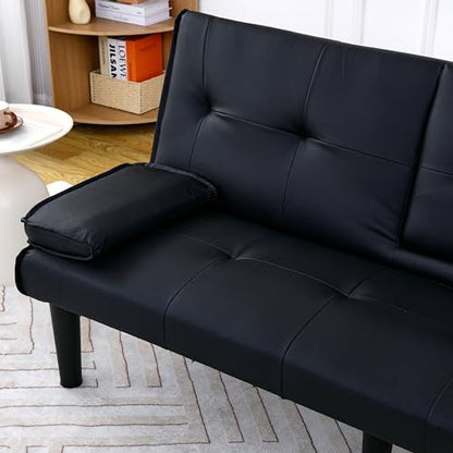 67" Futon Sofa Bed, Convertible Leather Futon Couch (Black) | Sleeper Bed Couches with Adjustable Backrest, Cup Holders, Comfy Folding Loveseat Couch for Small Spaces Living Room Office - color: Black
