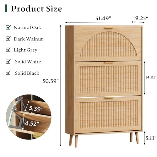 Xixini Shoe Storage Cabinet with 3 Flip Drawers, 50" Tall Narrow Wood Fluted Shoe Organizer for Entryway, Freestanding Wooden Hidden Slim Shoe Rack for Front Door Entrance, Hallway, Foyer, Natural Oak - color: Natural Oak, size: 3 Flip Drawers