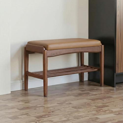 Black Walnut Shoe Bench Assembled, Solid Wood Shoe Rack Bench with Silicone Leather Cushion for Entryway, Living Room, Bedroom, Hallway - color: Brown Cushion, size: 31.5"W