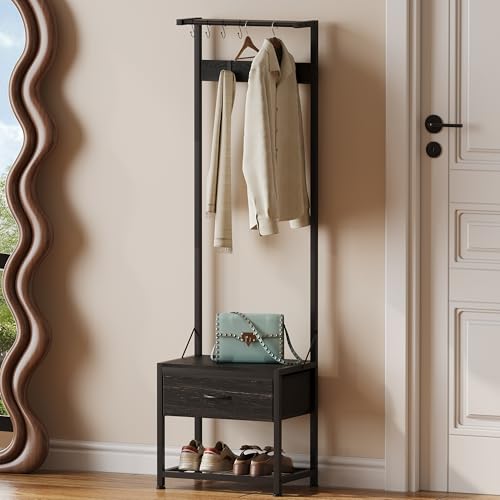 LUMTOK Hall Tree with Shoes Bench Storage,Small Coat Rack with Drawers | 4 in 1 Narrow Hall Tree with shoes storage & fabric drawers,Entryway organizer with coat rack for closet,hallway,bedroom, - color: Black