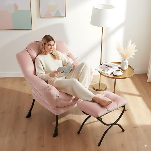 Lazy Chair with Ottoman, Comfy Accent Reading Chair, Velvet Pink | Foldable Footrest,Removable Cover,with Armrests and Side Pockets,Upholstered Lounge Chair for Bedroom,Dorm,Office,Small Space - color: Velvet Pink