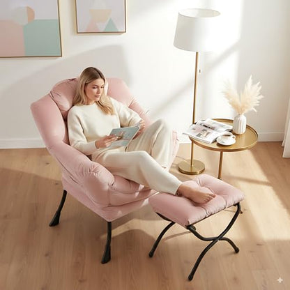 Lazy Chair with Ottoman, Comfy Accent Reading Chair, Velvet Pink | Foldable Footrest,Removable Cover,with Armrests and Side Pockets,Upholstered Lounge Chair for Bedroom,Dorm,Office,Small Space - color: Velvet Pink