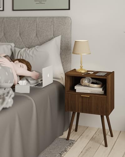 Nightstand,Modern Bedside Table with Storage Drawer and Open Wood Shelf, for Living Room, Bedroom and Small Spaces, Accent Night Stand with Solid Wood Legs, Easy Assembly,Walnut Brown - color: Walnut Brown