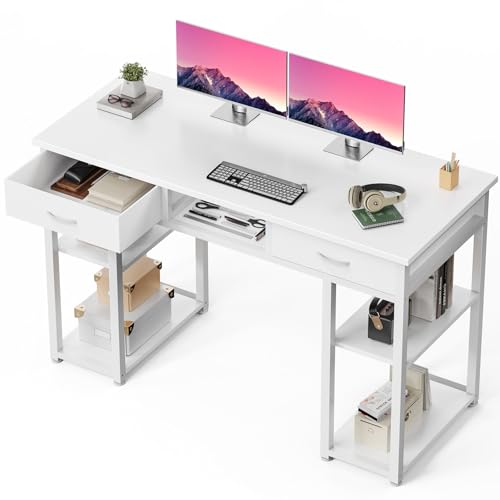 DUMOS 48-Inch Computer Desk with Drawers and Hook, White | Home Office Desk for Bedroom, Gaming Writing Study Desk with Adjustable Feet - color: White, size: 48-In