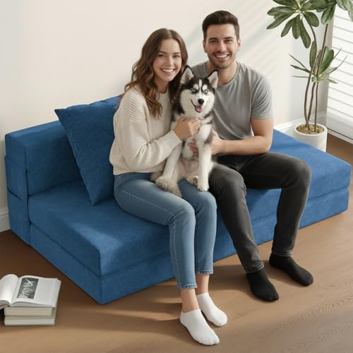 5-in-1 Convertible Folding Sofa Bed Sleeper Chair - Queen, Navy Blue | 60" Fold Out Chair Bed Futon Couch with Pillows, Foldable Floor Mattress for Living Room/Dorm/Guest Use/Home Office/Apartment - color: Navy Blue, size: Queen
