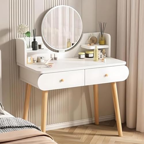 Makeup Vanity Table Set with Mirror, 2 Drawers, 2 Shelves, White | Medium Density Fiberboard, Modern Design, 31.5"L x 15.7"W x 47.2"H, No Stool Included - color: White