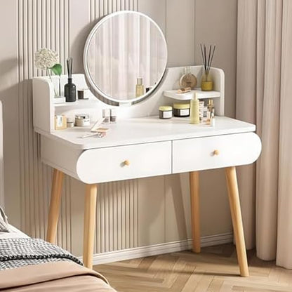 Makeup Vanity Table Set with Mirror, 2 Drawers, 2 Shelves, White | Medium Density Fiberboard, Modern Design, 31.5"L x 15.7"W x 47.2"H, No Stool Included - color: White