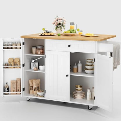 GRUSIGN Kitchen Island with Storage, 41.7" Rolling Cart with Drop Leaf, Portable Island Table on Wheels, Spice Rack, Towel Rack and Drawer, White, 41.7" L x 29.5" W