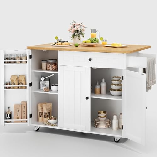 GRUSIGN Kitchen Island with Storage, 41.7" Rolling Cart with Drop Leaf, Portable Island Table on Wheels, Spice Rack, Towel Rack and Drawer, White, 41.7" L x 29.5" W