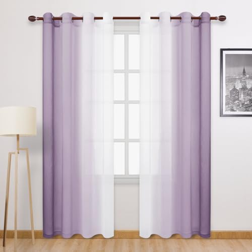 DWCN Lavender Faux Linen Ombre Sheer Curtains - 84 inches Long Gradient Semi Voile Curtains for Bedroom and Living Room, Set of 2 Grommet Top Window Curtain Panels, 52 x 84 Inches Long, Lavender - color: Lavender, size: 52"W x 84"L (Pack of 2)