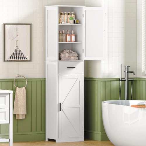 WEENFON Tall Bathroom Cabinet, Storage Cabinet with 6 Shelves & Drawer, Bathroom Storage Cabinet with Adjustable Shelves, Tall Cabinet for Living Room, Home Office, White - color: White