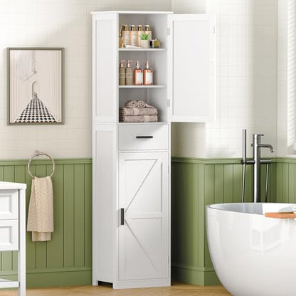 WEENFON Tall Bathroom Cabinet, Storage Cabinet with 6 Shelves & Drawer, Bathroom Storage Cabinet with Adjustable Shelves, Tall Cabinet for Living Room, Home Office, White - color: White