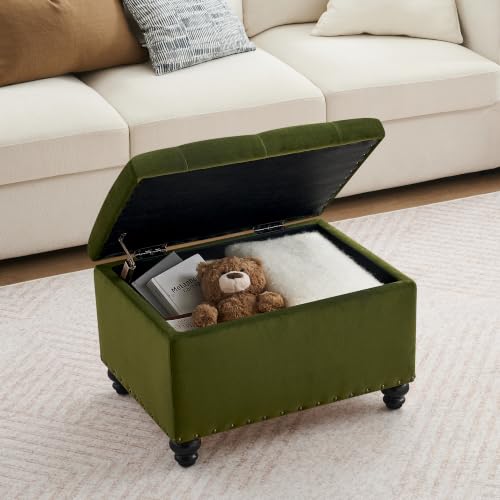 Zihanhome Velvet Storage Ottoman Bench, Button Tufted Ottoman with Hidden Storage, Upholstered Foot Rest Stool with Solid Wood Legs for Living Room, Bedroom, Entryway & Small Spaces (Olive Green) - color: Velvet-olive Green