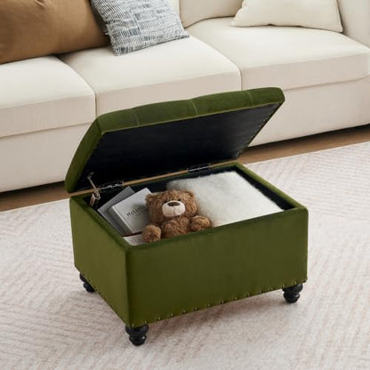 Zihanhome Velvet Storage Ottoman Bench, Button Tufted Ottoman with Hidden Storage, Upholstered Foot Rest Stool with Solid Wood Legs for Living Room, Bedroom, Entryway & Small Spaces (Olive Green) - color: Velvet-olive Green