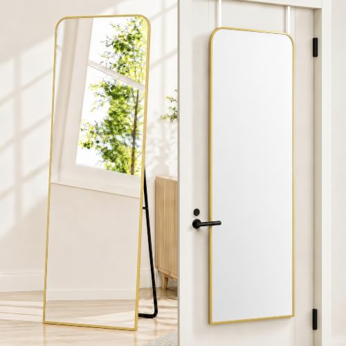 57x20" Full Length Mirror Floor Stand,Over the Door,Wall Mounted Gold | HD Crystal Clear Tempered Glass,Aluminum Frame,Full Body Dressing Make-Up Mirrors Rect Hang for Bedroom,Bathroom,Living Room - color: Gold, size: 57"L x 20"W