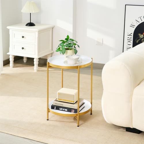 2-Tier Round End Side Table, Small Metal Side Table with Removable Tray, Folding Accent Tables for Living Room, Balcony, Nightstand for Bedroom, Outdoor Tables for Patio, Gold&White - color: Gold&white