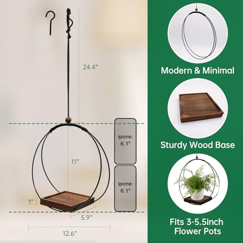 Hanging Planter for Indoor Plants, Black Plant Hanger Indoor with Sturdy Wood Base, Modern Boho Macrame Plant Hanger for 3-5.5 Inch Pot, Hanging Wall Ceiling Window Home Decor (Pots Not Included)