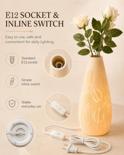 Ceramic Vase Table Lamp - 2700K Bulb & 3 Artificial Flowers Included | Handmade Openwork Craft - Inline Switch - E12 Socket - Tulip 11" - style: Tulip