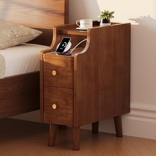 Narrow Nightstand with Drawers, 7.9" Solid Wood Side Table for Small Spaces, Small Bedside Table for Bedroom with Pull-Out Tray, Walnut - color: Walnut, size: 8"