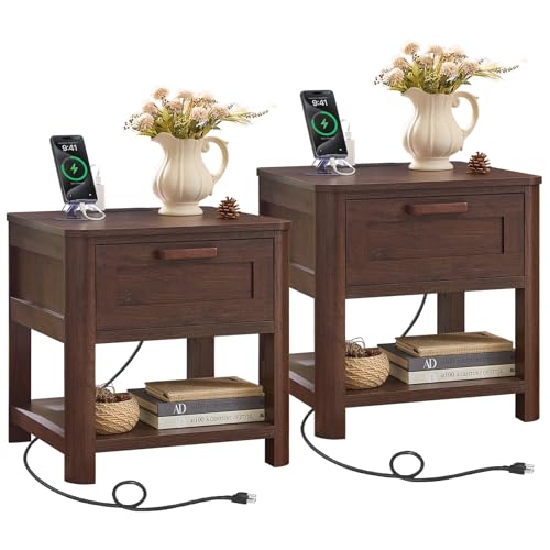 Joaxswe Farmhouse Side Table Set of 2 Living Room, Walnut | Small Nightstand with 1 Drawers & Open Shelving & 4 Thickened Table Legs & Rounded Corners - color: Walnut, size: Set of 2