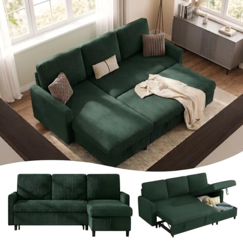 Shintenchi 70'' Sleeper Sofa Bed with Storage, Convertible Pull Out Couch Futon for Living Room, Apartment, Corduroy Fabric L Shaped Sectional Sofa Pull-Out Bed, Green - color: Green