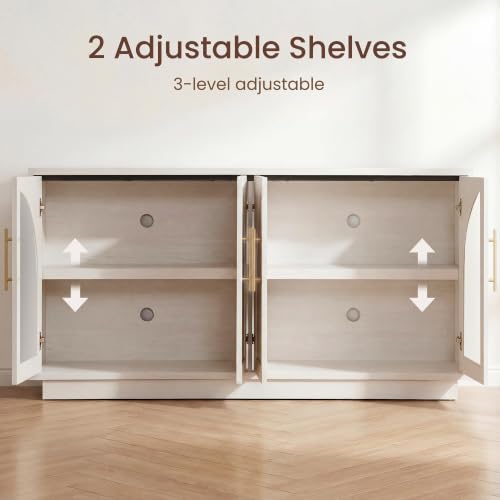 Fatmok 59" Arched Glass Sideboard Buffet Display Cabinet,White Oak | Adjustable Shelves,for Curio,Collectible,Mid-Century Modern,Soft Close Hinges,FSC Wood,Dining/Living Room - color: B-white Wood Grain