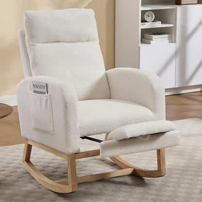 Rocking Chair Nursing, Rocker Chair with Footrest (White Modern) | Teddy Boucle Upholstered Accent Reading Chair with High Back & Side Pocket for Living Room Bedroom Nursery Office - color: White Modern