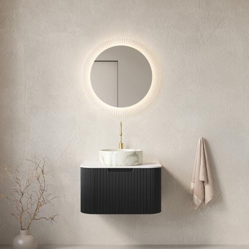 24" Floating Bathroom Vanity with Sink, Wall Mounted Plywood Cabinet, Black Fluted Front, Sintered Stone Countertop, White Marble-Look Ceramic Vessel Sink, Soft-Close Drawer, Pre-Assembled - color: Black Cabinet / White Marble Sink, size: 24 Inch