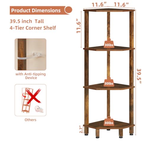 YUFAM 4-Tier Corner Shelf, Brown | Wooden Corner Bookshelf for Small Spaces, Corner Standing Shelf with Sturdy 5-Leg Base - color: Brown, size: 4 Tier