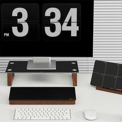YEOUX Black Glass Computer Monitor Stand Riser with Wooden Base for Flat Screen LCD, LED TV, Laptop, Printer, Multi Media Desktop Stand, Office Supplies Desk Organization - color: Walnut&Black