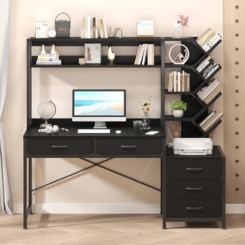 52" Computer Desk with Bookshelf, 5 Drawers ＆ Hutch for Bedroom | Black Office Desk with Printer Shelf, Study Writing Desk with Storage Shelves - color: Black