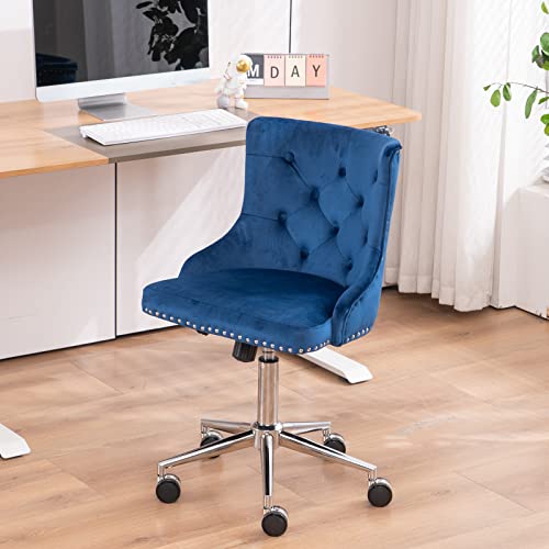 VINGLI Navy Blue Velvet Armless Home Office Desk Chair with Silver Chrome Base/Wheels, Cute Vanity/Makeup Chair with Back for Bedroom, Upholstered Adjustable Rolling Swivel Nail Chair for Women/Girls - color: Blue
