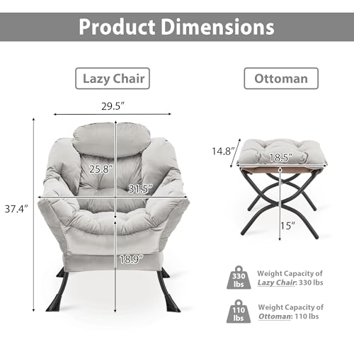 Youtanic Lazy Chair with Folding Ottoman, Accent Chair Velvet Upholstered with Metal Structure and Non-Slip Pads, Sofa Armchair with Footrest and Side Storage Bag for Dorm, Room, Office, Light Gray - color: Light Gray