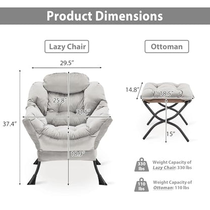 Youtanic Lazy Chair with Folding Ottoman, Accent Chair Velvet Upholstered with Metal Structure and Non-Slip Pads, Sofa Armchair with Footrest and Side Storage Bag for Dorm, Room, Office, Light Gray - color: Light Gray