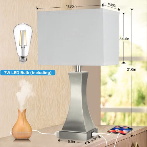 OYedis Table Lamp for Bedroom 3-Way Dimmable Touch Control Chrome Bedside Lamp with USB A+C Port & AC Outlet 21.6" Tall Nightstand Lamp for Living Room Office and Hotel Bulb Included (Nickel) - color: Nickel