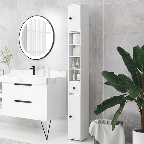kleankin Narrow Tall Bathroom Storage Cabinet 71" Slim with Drawer White | Freestanding Bathroom Cabinet, Open Shelves, 2 Doors, Adjustable Shelves, Small Spaces
