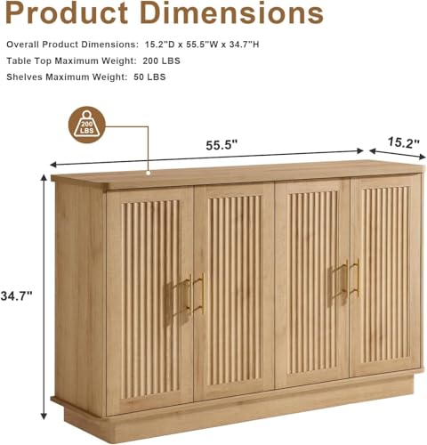 Okvnbjk Modern Sideboard Buffet Cabinet with Storage, Oak | Fluted Coffee Bar Cabinet with 4 Doors & Adjustable Shelves for Kitchen, Dining Room, Living Room & Hallway - color: Oak