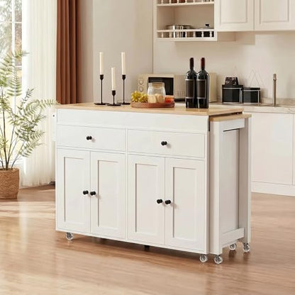 Kitchen Island, Extendable Dining Table with Storage | Extendable dining table, expands from prep station to dining table, seats up to 2 extra guests, saves space when closed - color: White