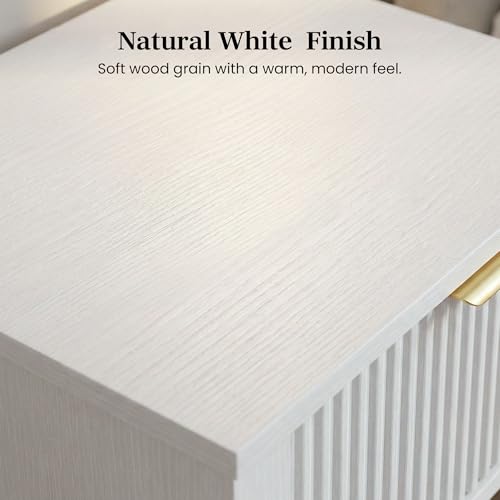 White 15.4" Wide Small Nightstand with Drawer,Open Shelf,Fluted Front | Bright white tone, ribbed fluted front, 11.8-inch slim depth, concealed storage, clean fit for bed, sofa side, or chair side - color: White